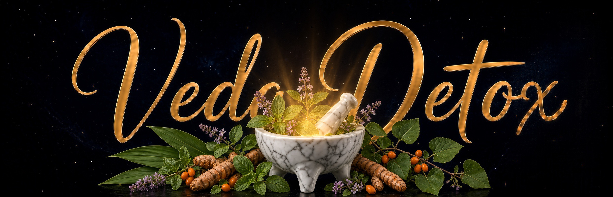 Veda Detox — gold script with glowing mortar, turmeric and herbs on a starry cosmos