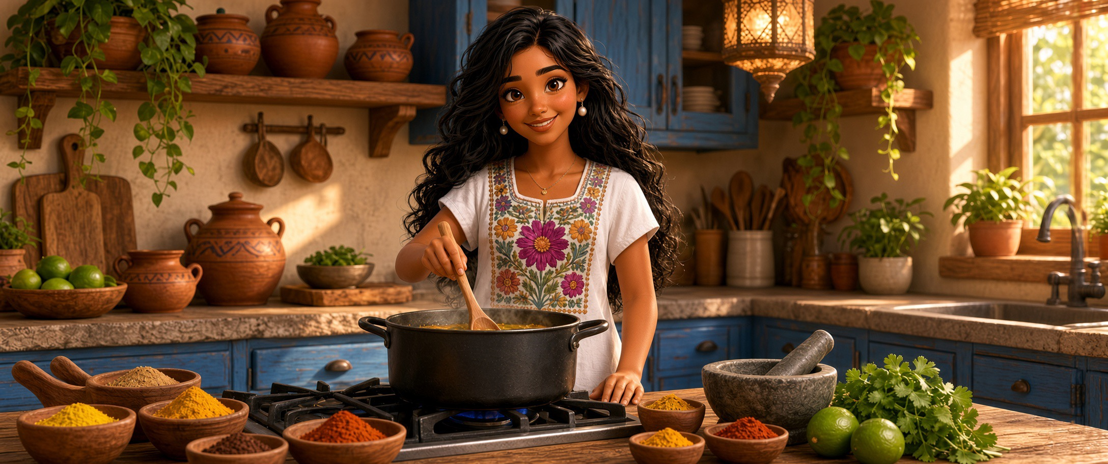 Cooking at the hearth — warm Mexican kitchen