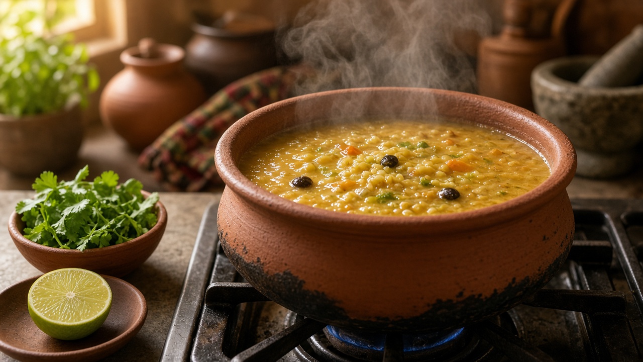 Clay pot of golden simmering Ayurvedic-Mexican stew with cilantro and lime