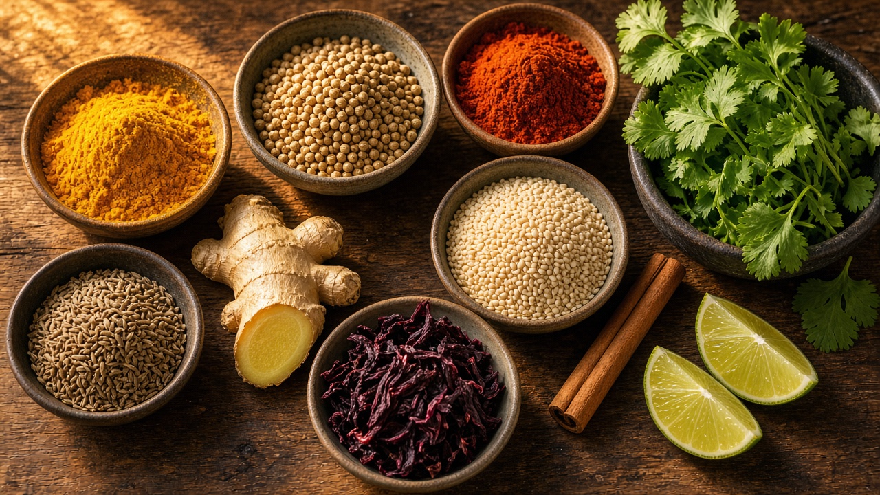 Bowls of spices — turmeric, chile, cumin